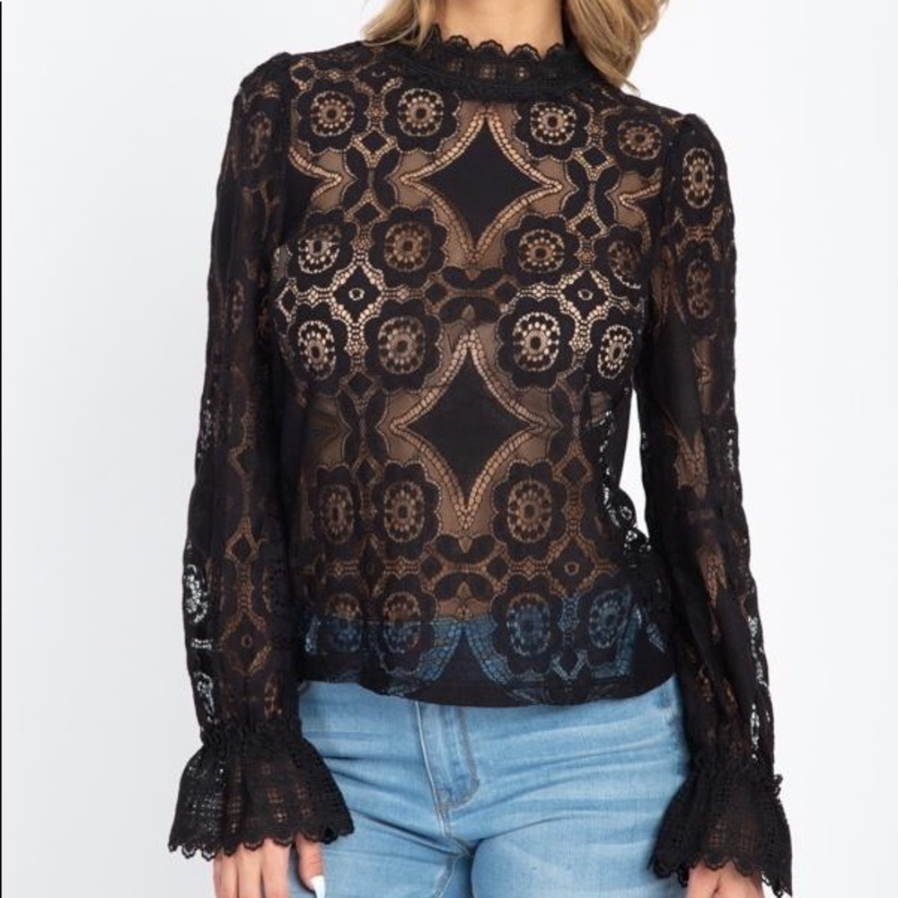 Black Sheer Floral Crochet Lace Top - Picture 1 of 6